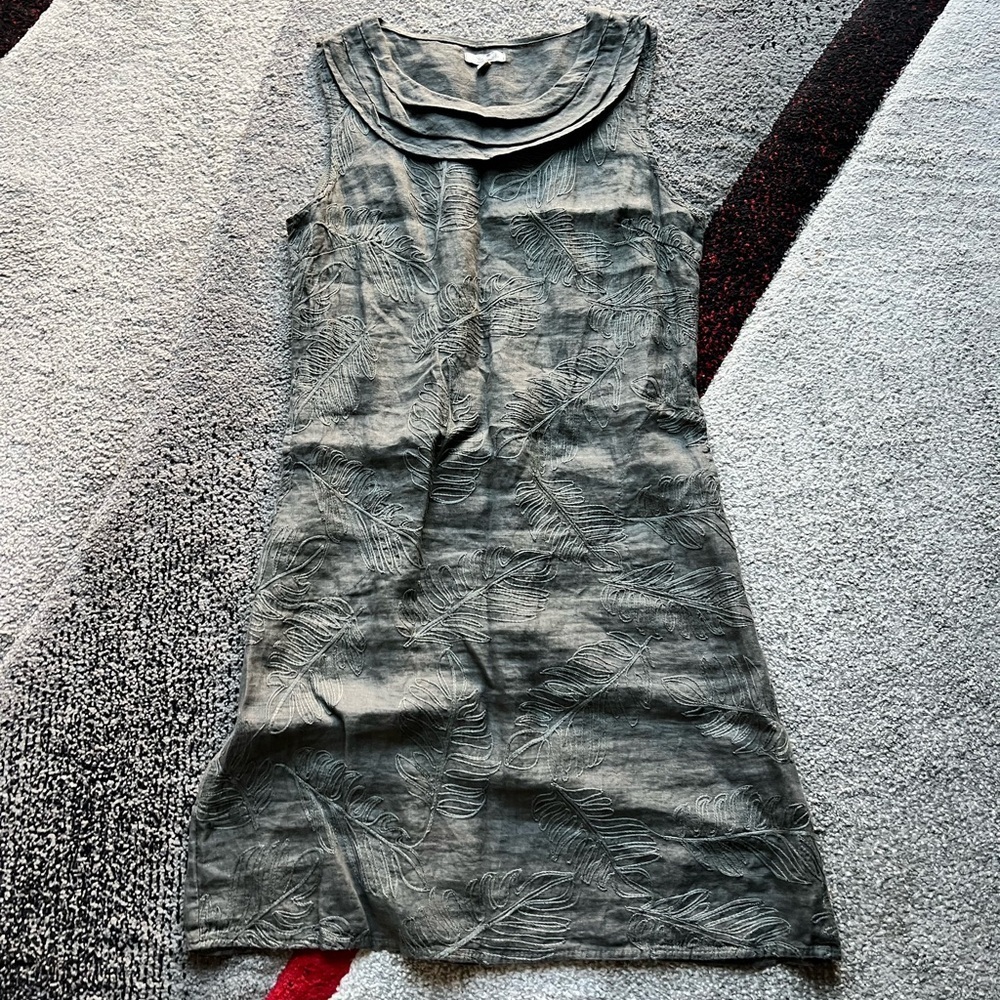 Lina Tomei Olive Green Embroidered Linen Shift Dress